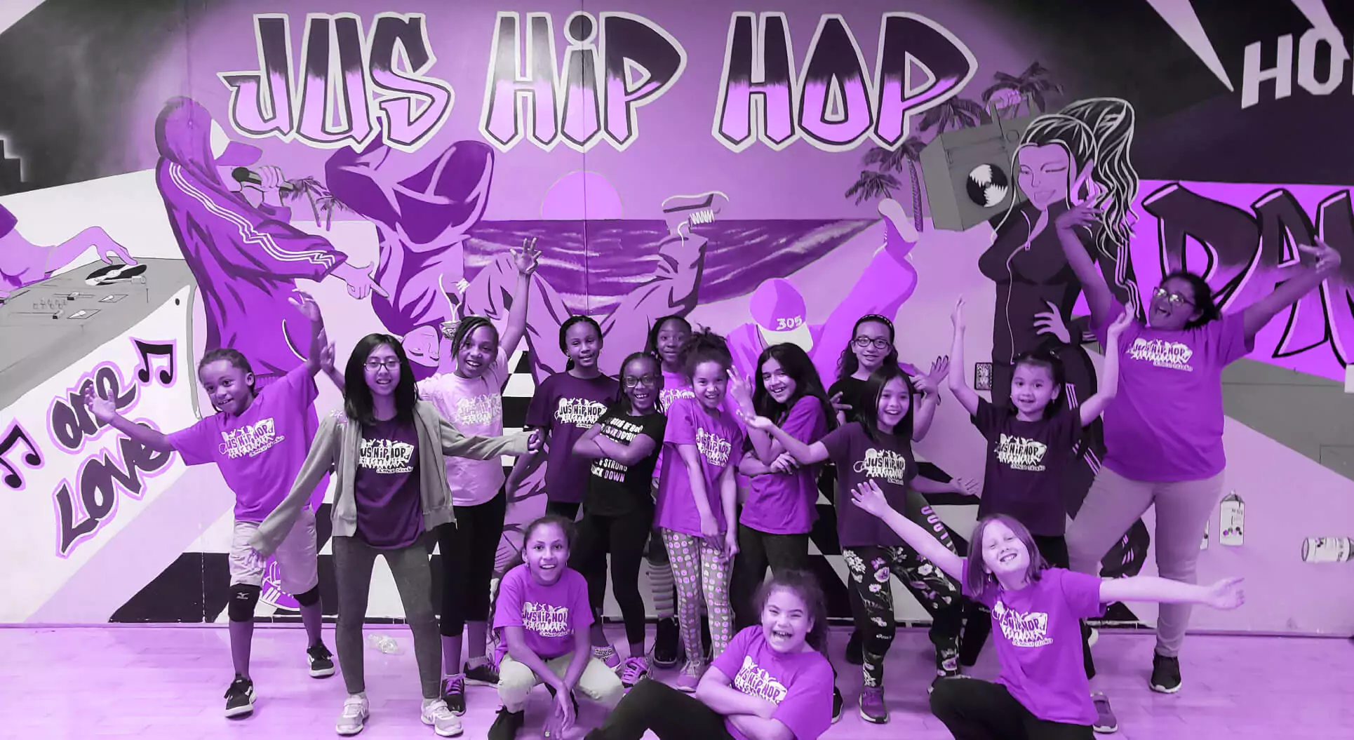 Jus Hip Hop students grouped in the studio